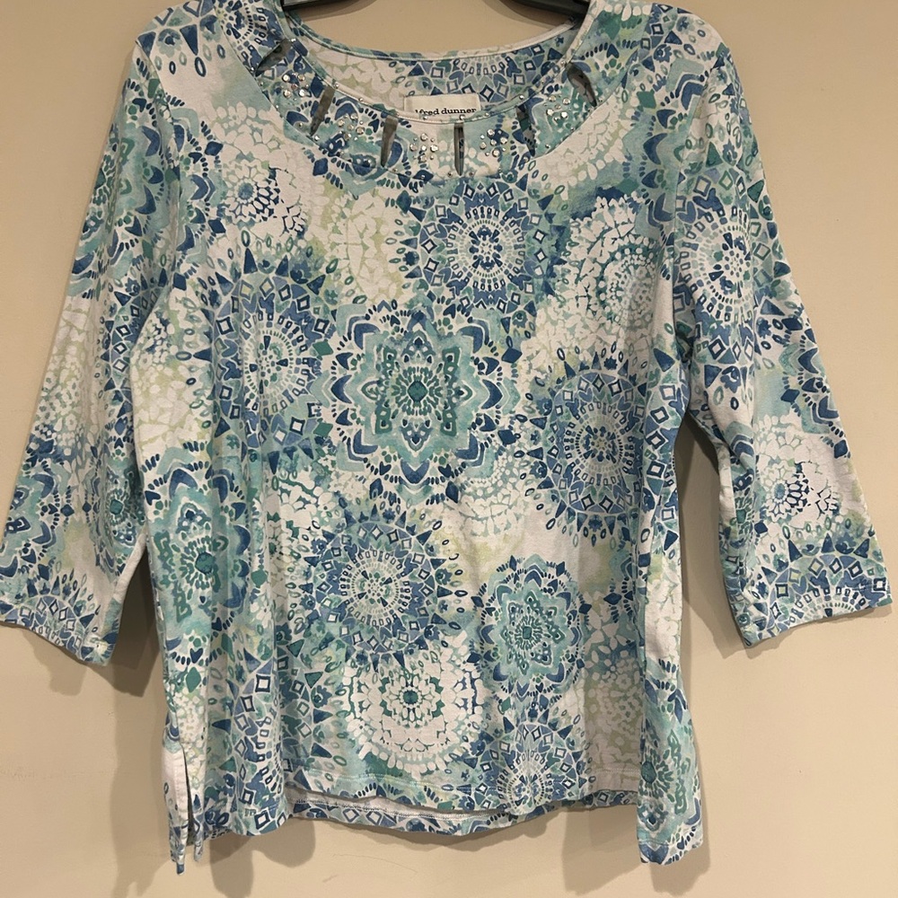 Alfred Dunner Blue and White Patterned Long Sleeve Top